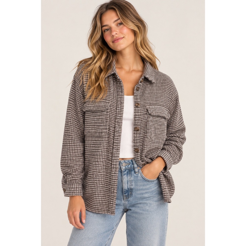 Hollister Womens Boyfriend Fit Houndstooth Cotton Shirt Jacket Grey White S